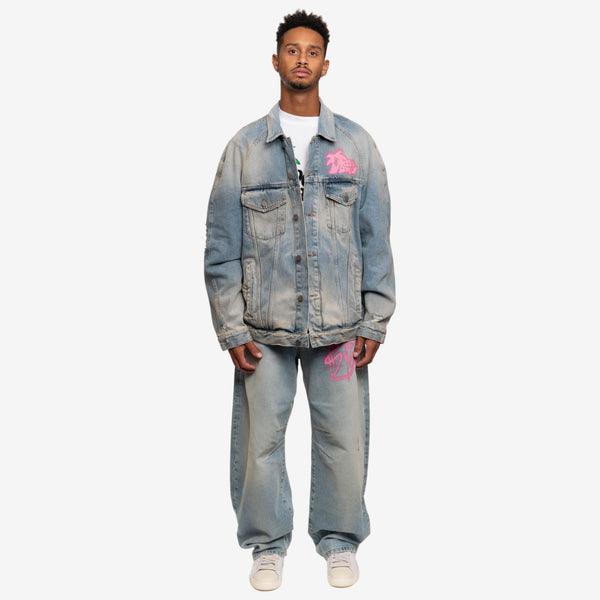 Palm Angels Mens Spray Hunter Denim Jacket in Light Blue