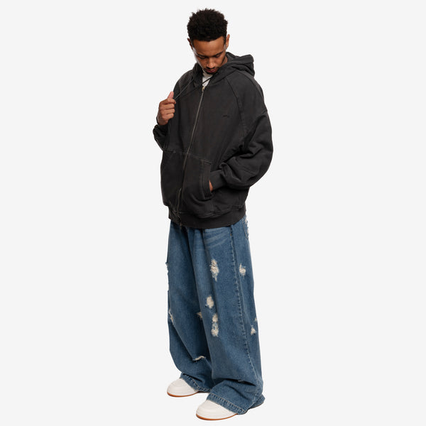 Mens Juun.J Hoodie - Garment Dyed Zip Up Hoody in Grey