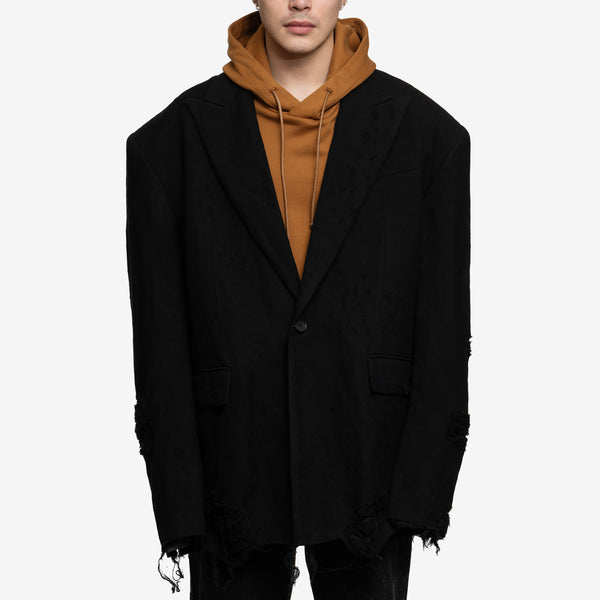 Juun.J Mens Distressed Wool Jacket in Black