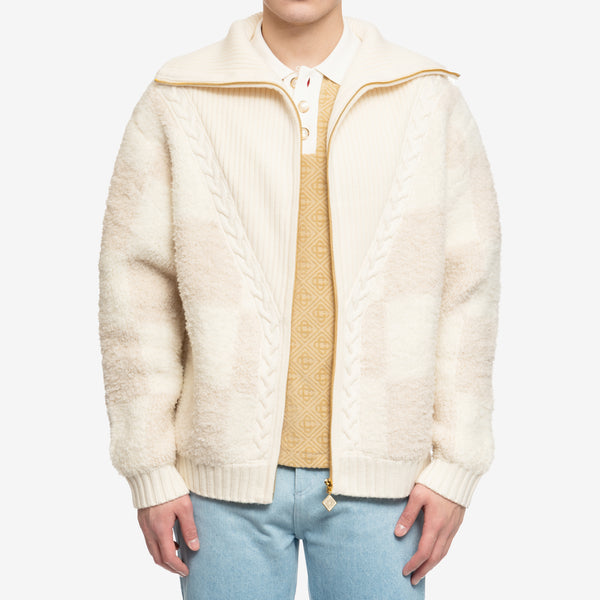 Mens Casablanca Knit Checked Boucle Cardigan in Beige