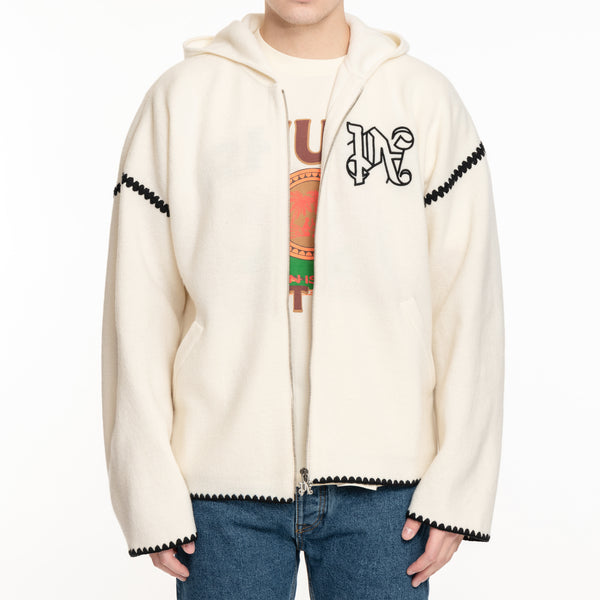 Palm Angels Mens Monogram Knit Zip Hoody in Off White
