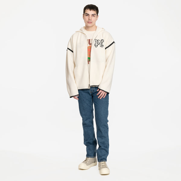 Palm Angels Mens Monogram Knit Zip Hoody in Off White