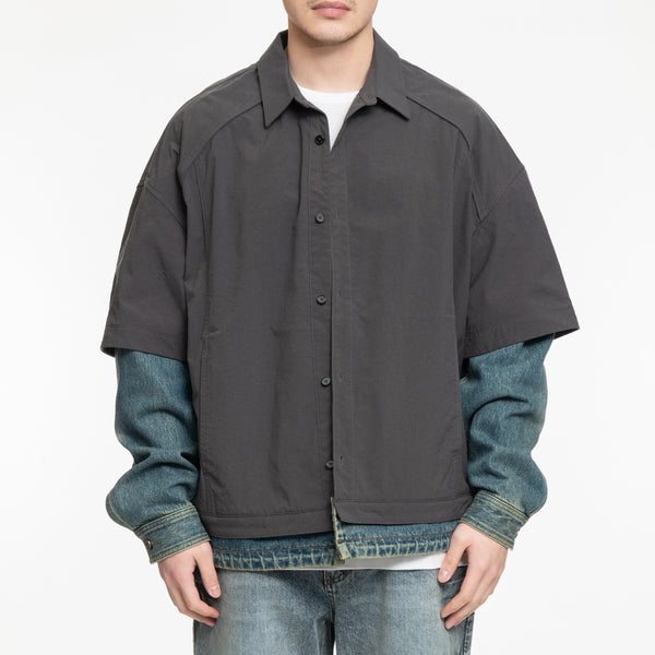 Mens Juun.J Denim Sleeve Layered Nylon Shirt in Grey