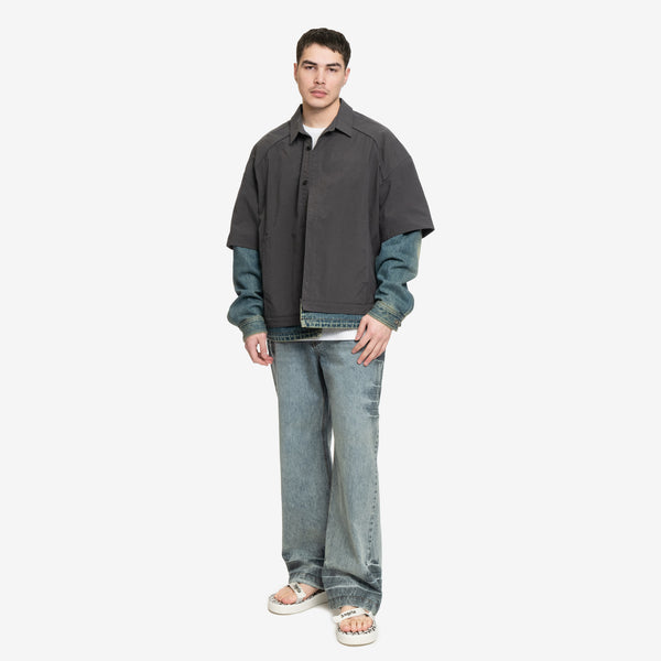 Mens Juun.J Denim Sleeve Layered Nylon Shirt in Grey