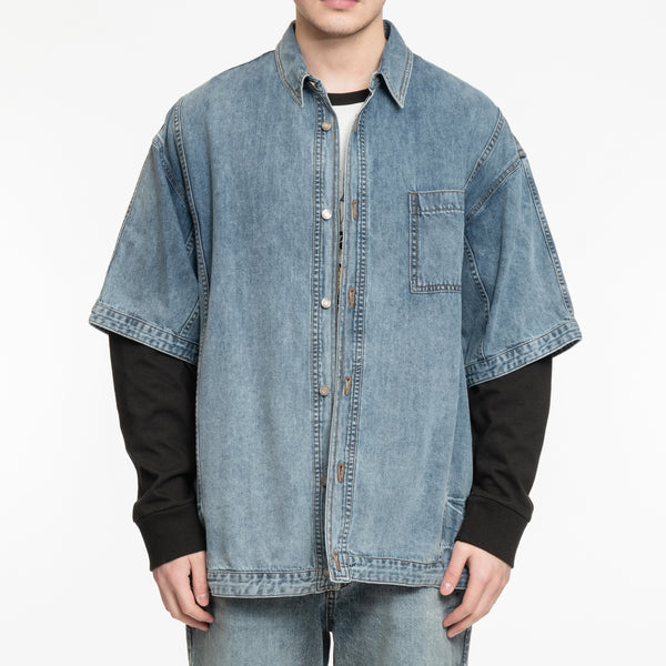 Juun.J Mens Denim Short Sleeve Coach Shirt in Blue