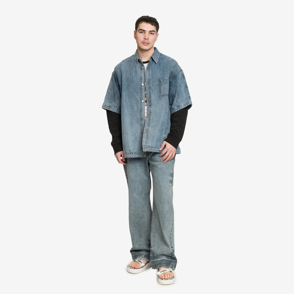 Juun.J Mens Denim Short Sleeve Coach Shirt in Blue