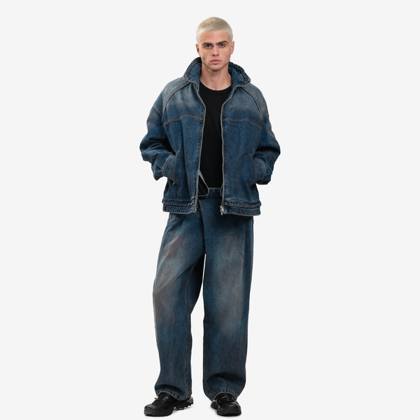 Juun.J Mens Oil Wash Asymmetrical Denim Pants in Blue