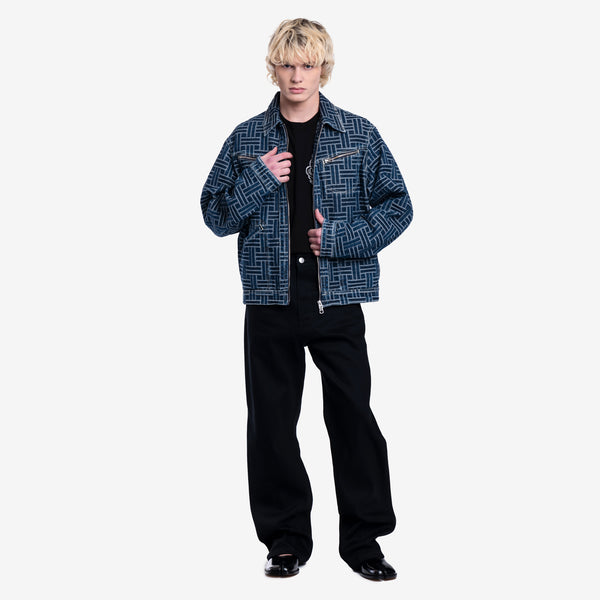 KENZO Men Weave Trucker Denim Jacket in Dark Stone Blue