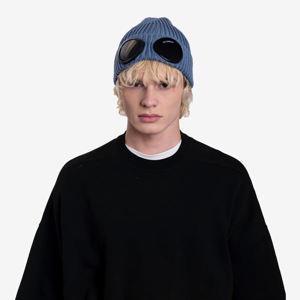 Mens C.P. Company Extra Fine Wool Goggle Beanie in Blue