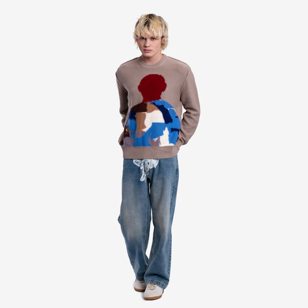 Mens Kidsuper Reverse Intarsia Figure Sweater in Tan