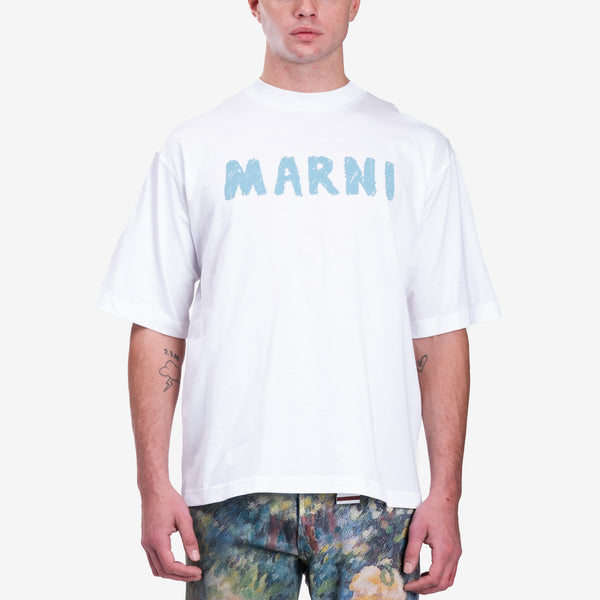 MARNI Mens Scribble Logo T-Shirt in Lily White