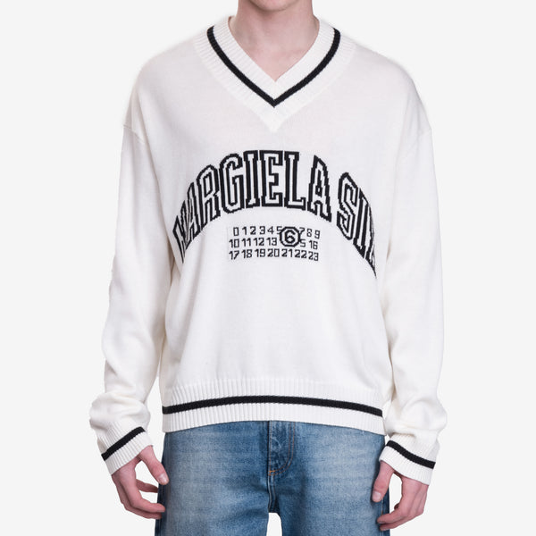 Maison Margiela MM6 Mens V-Neck Varsity Knit Jumper in Off White