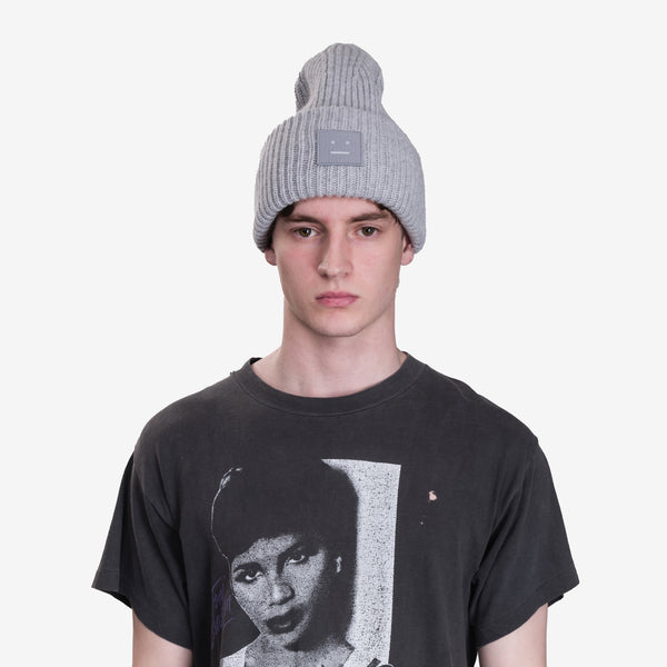 Unisex Acne Studios Large Face Logo Beanie in Light Grey