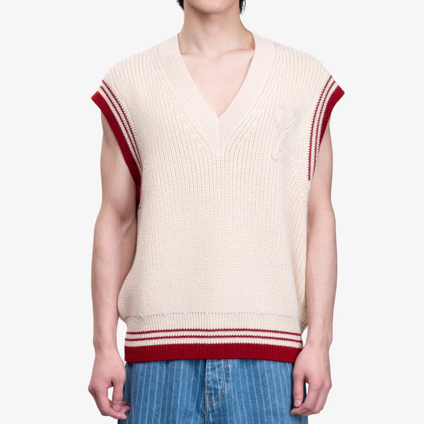 Ami Paris Unisex Ribbed Sleeveless V-Neck Sweater in White Cream