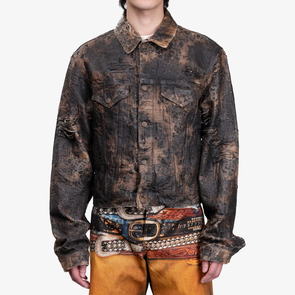 Acne Studios Mens Distressed Monogram Denim Jacket in Brown