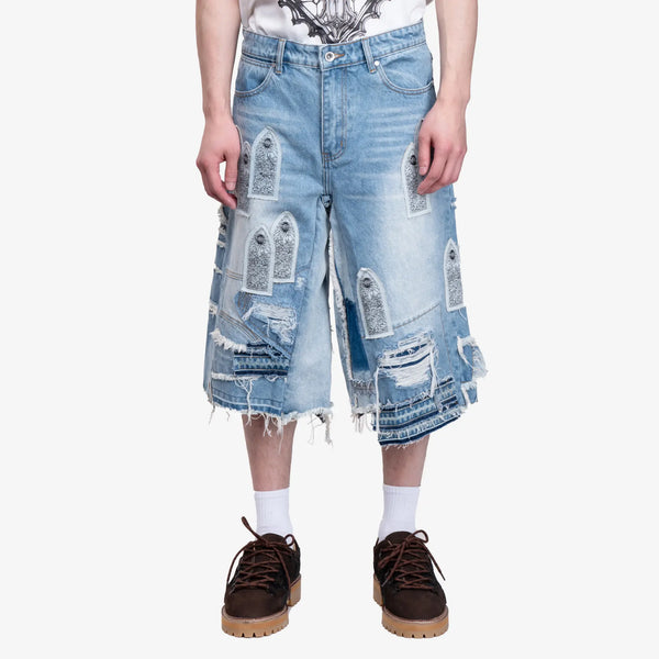 Who Decides War Mens Patched Arch Repaired Blowout Shorts in Sky