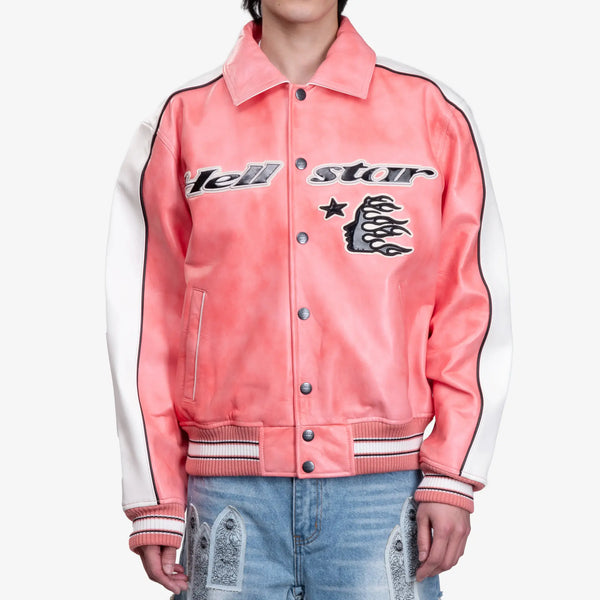 Hellstar x Avirex Mens All Star Leather Jacket in Red