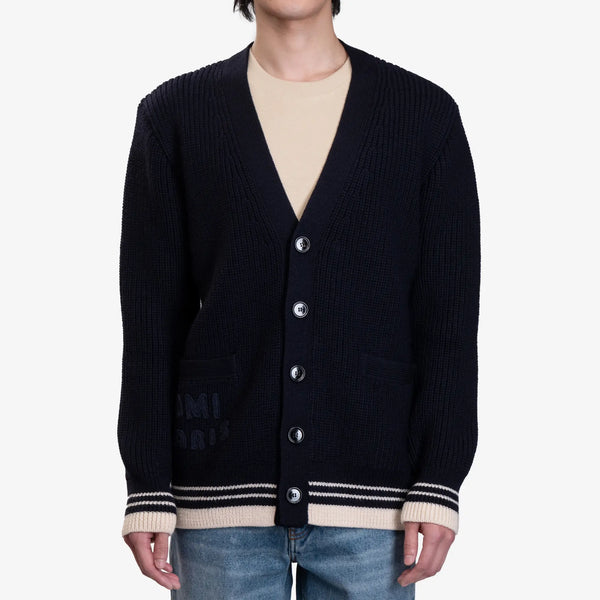 Ami Paris Mens Ribbed Cardigan in Navy