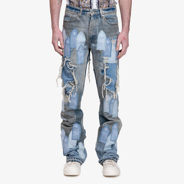 Who Decides War Mens Patched Arch Repaired Blowout Jeans in Blue