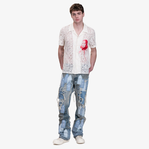 Kidsuper Mens Lace Girl Painting Shirt in Cream