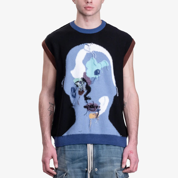 Kidsuper Mens Reverse Knit Patchwork Face Vest in Blue