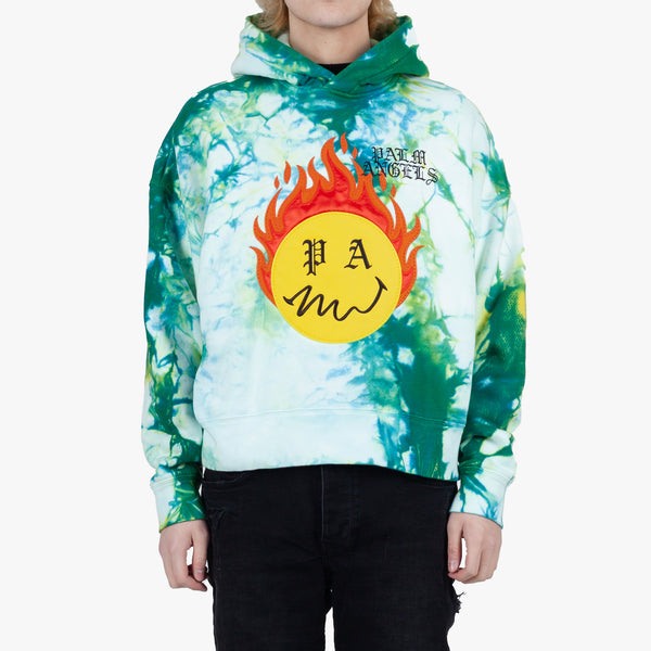 Palm Angels Mens Tie Dye Burning Head Hoodie in Forest Green